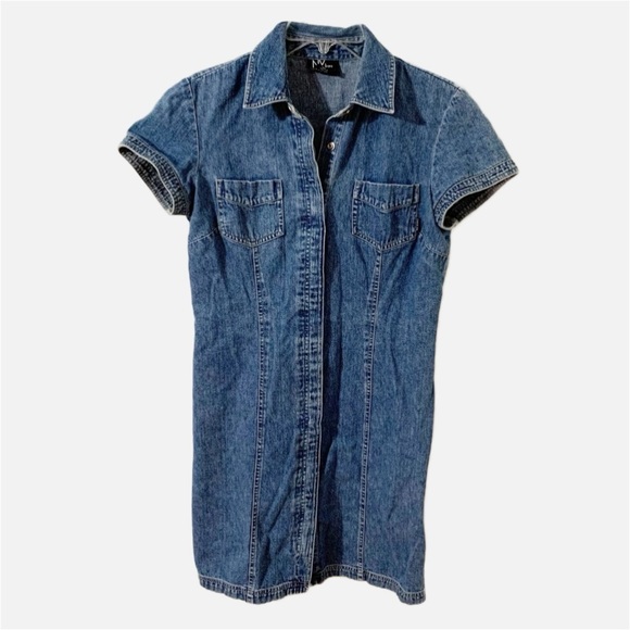 New York and Company Short Sleeve Snap Front Pointed Collar Denim Jean Dress - Picture 1 of 8